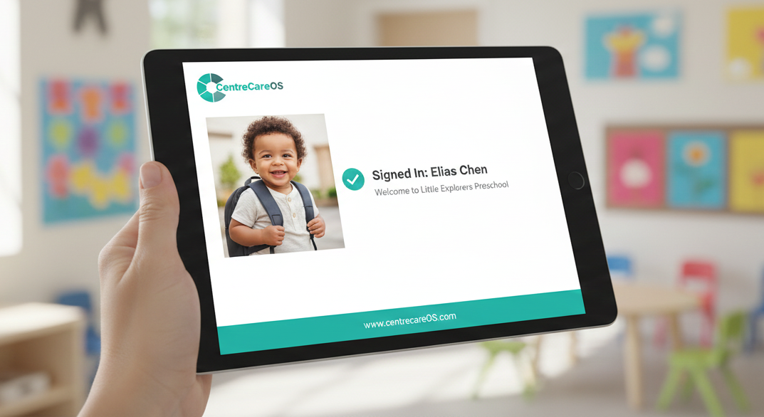 CentreCareOS digital check-in interface showing a child signed in with photo verification