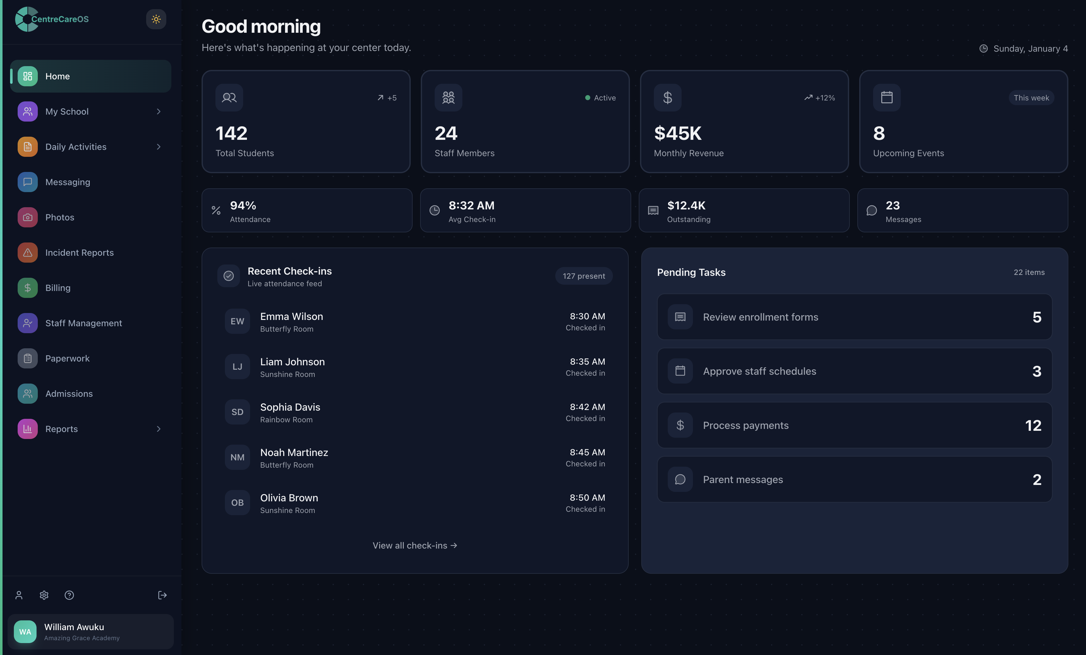CentreCareOS Dashboard showing attendance, billing, and staff management features