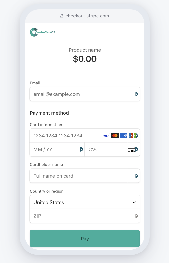 CentreCareOS Stripe checkout showing secure payment form with credit card fields