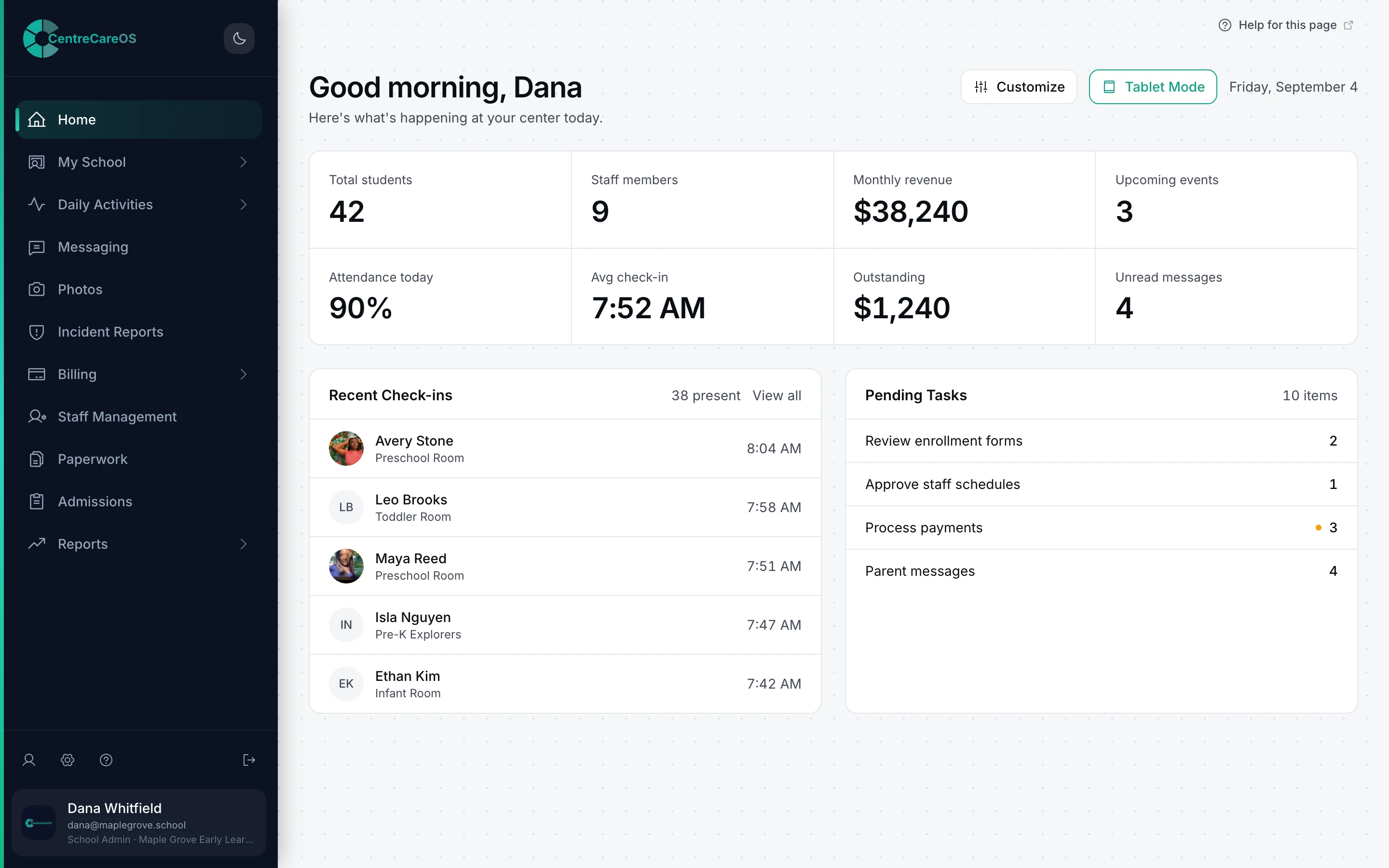 CentreCareOS home screen for a school admin: enrollment, staff, monthly revenue, attendance, recent check-ins, and pending tasks