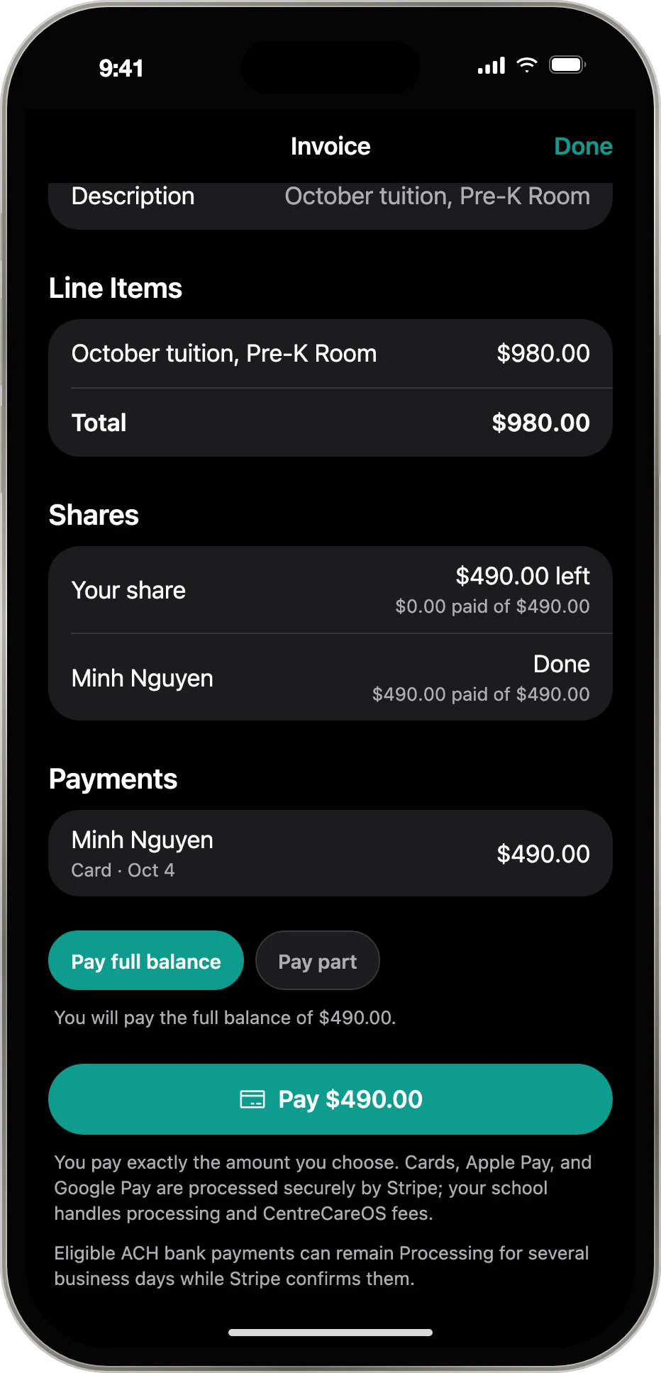 CentreCareOS parent app showing a tuition invoice split between two guardians, with the other guardian's share paid and a Pay button for the remaining balance