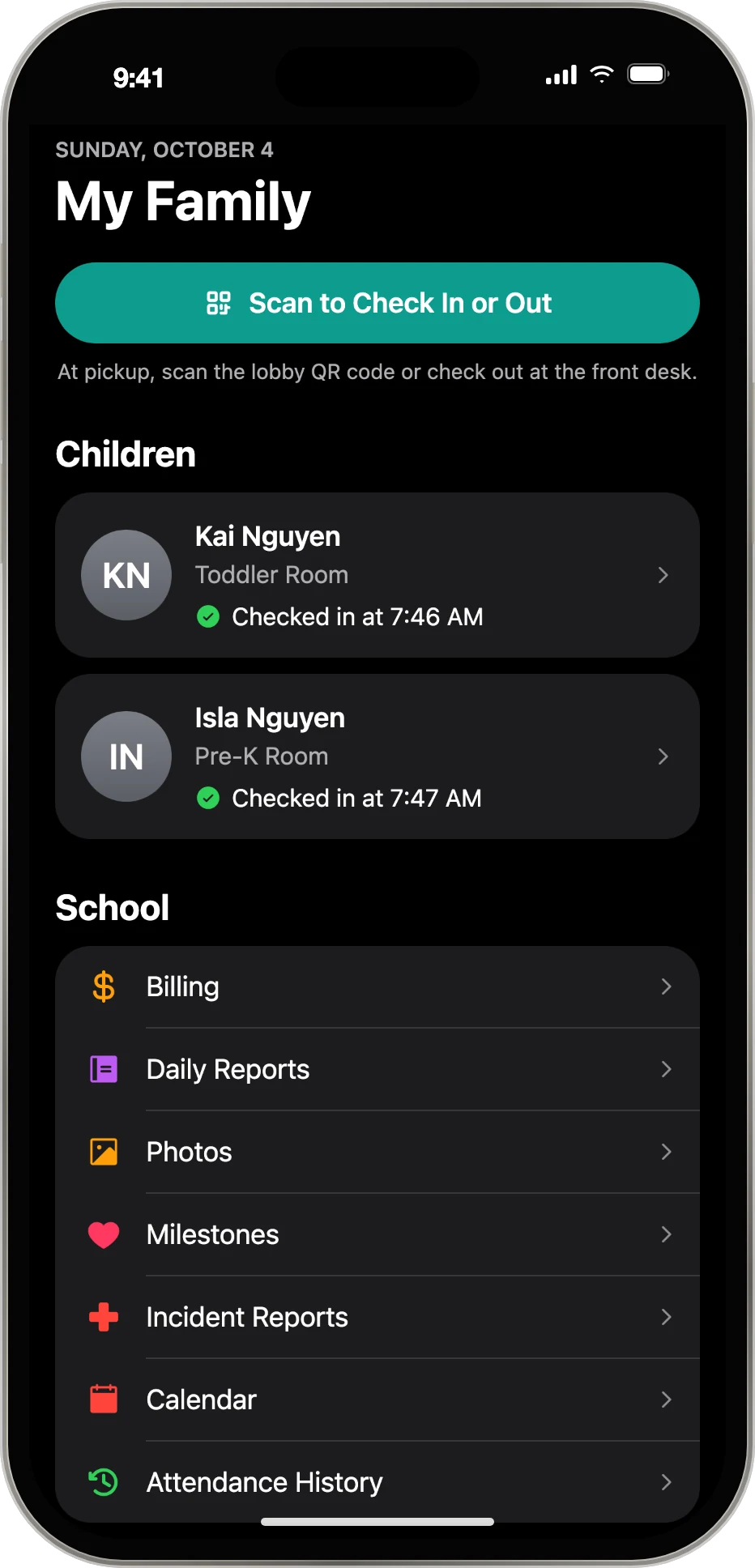 CentreCareOS parent app home screen showing two children checked in with their rooms and times, plus billing, daily reports, photos, and calendar